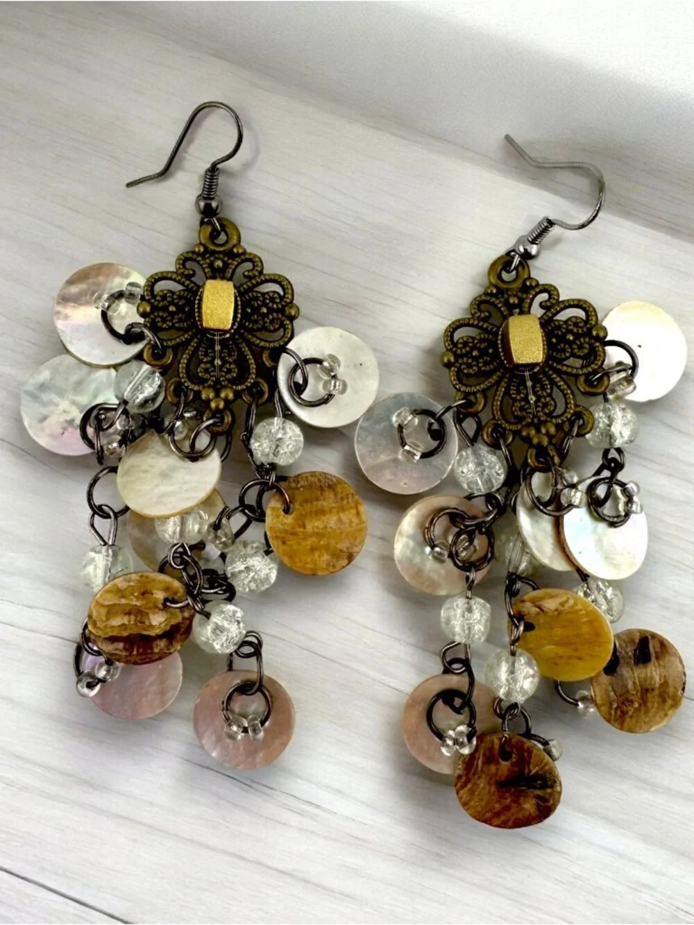 Vintage Mother of Pearl Chandelier Earrings Boho Shell Cascade Dangle 3.5